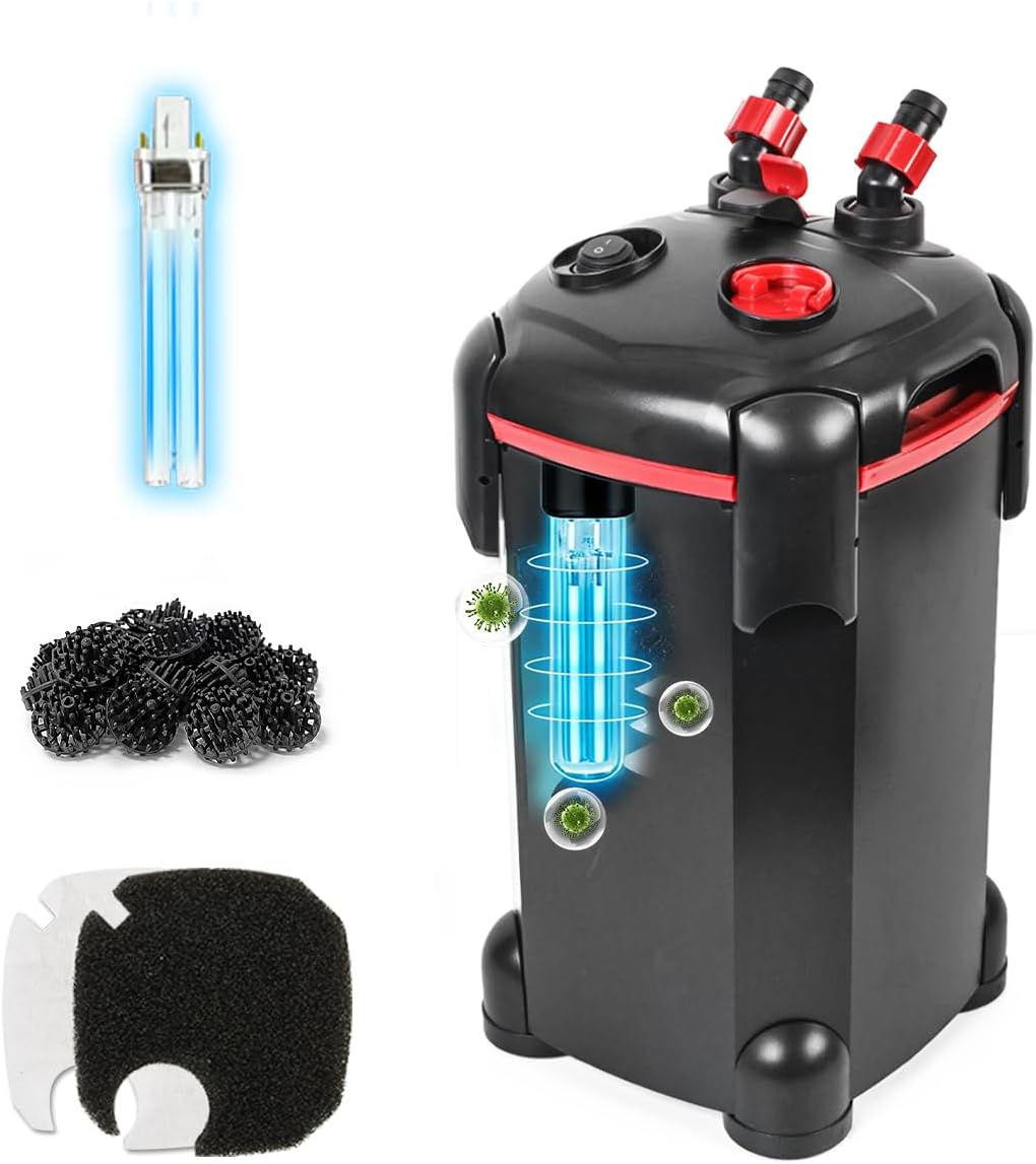 PONDFORSE canister filter with red valves, UV bulb and media